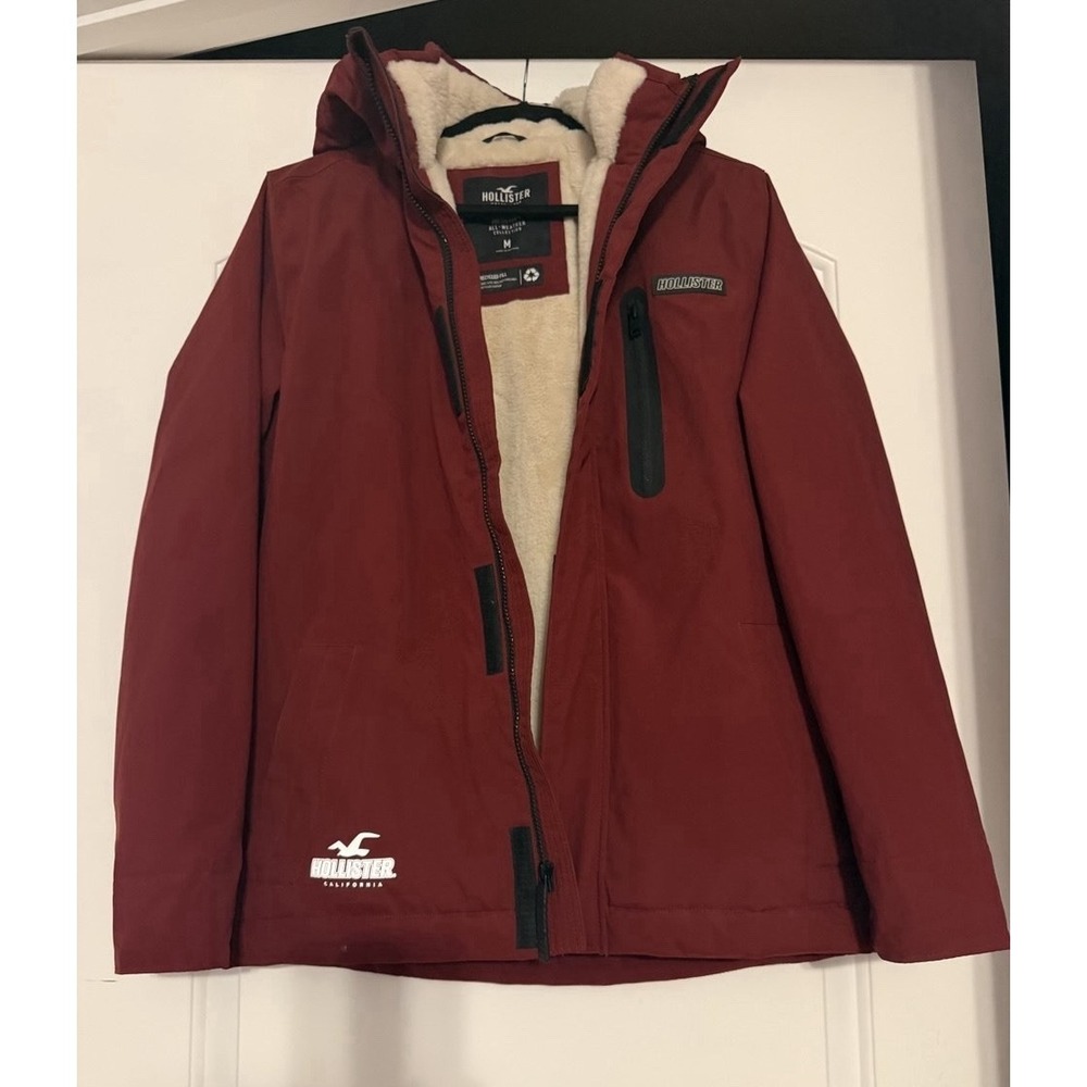 Hollister All Weather Jacket Men M Burgundy Sherpa Lined Hooded Coat